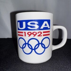 1992 Barcelona USA Olympic Logo Coffee Mug Ceramic Collectors Item White Vintage